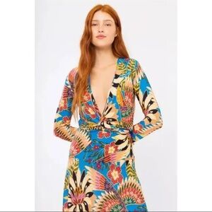 FARM Rio Wonderful Toucans Jersey Faux Wrap Tropical Midi Long Sleeve Dress SZ L